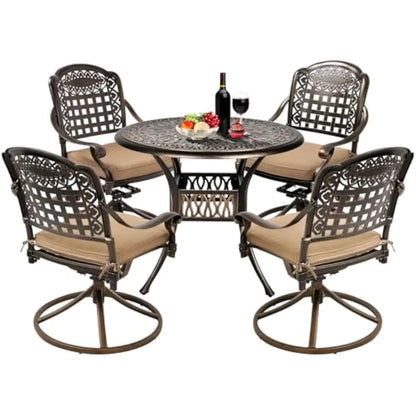 5-Piece Round Outdoor Dining Ensemble Featuring Swivel Rocking Chairs with Quick-Dry Cushions, Hollow Plaid Design, Umbrella Hol