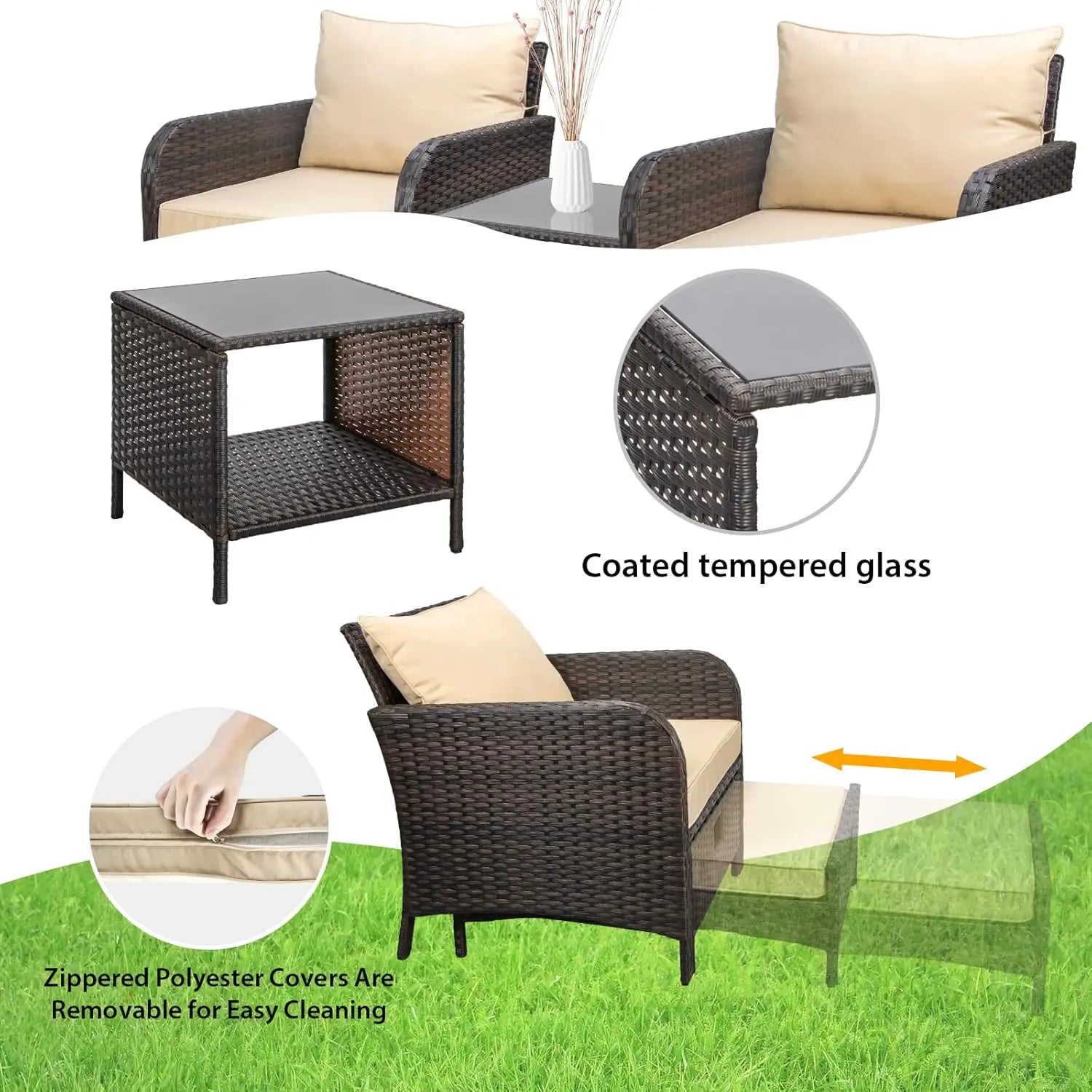 Balcony Furniture 5 Piece Patio Conversation Set, PE Wicker Rattan Outdoor Lounge Chairs with Soft Cushions 2, Customized