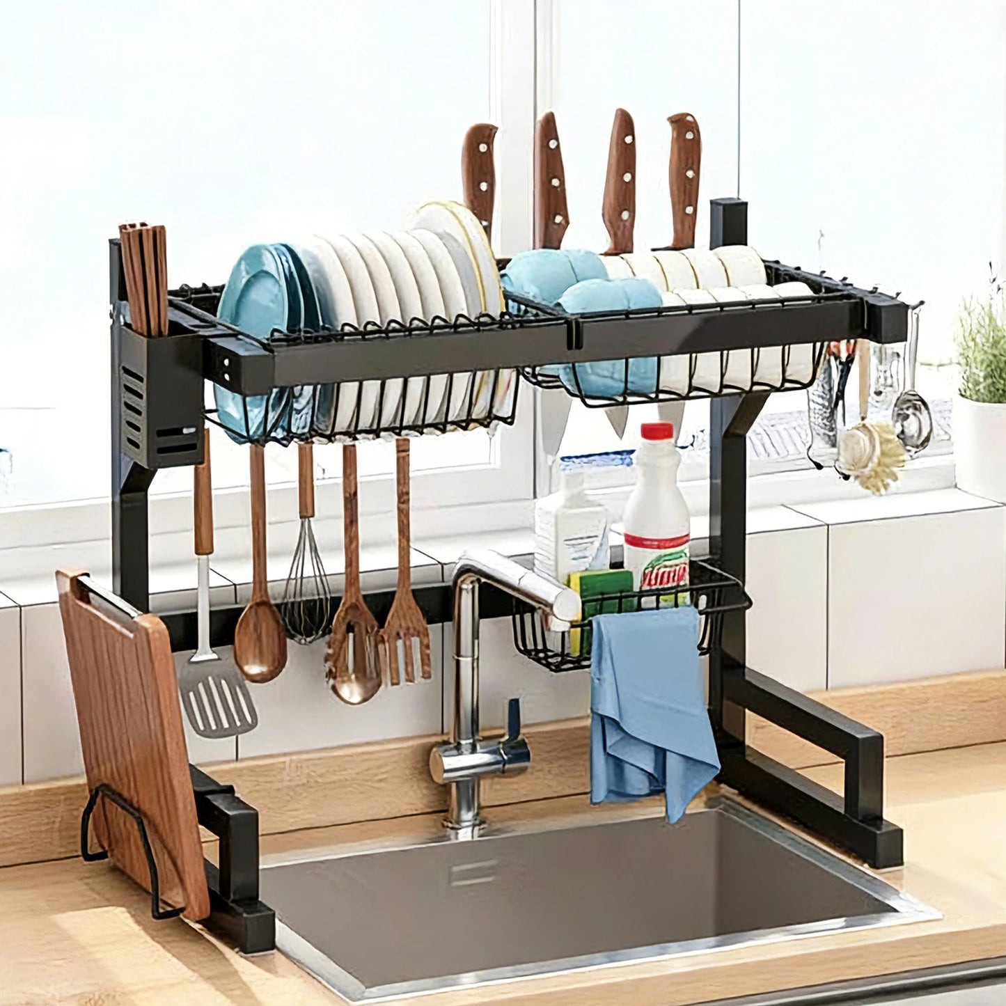 TwoTier Dish Rack Above Sink With Utensil And Knife Holder
