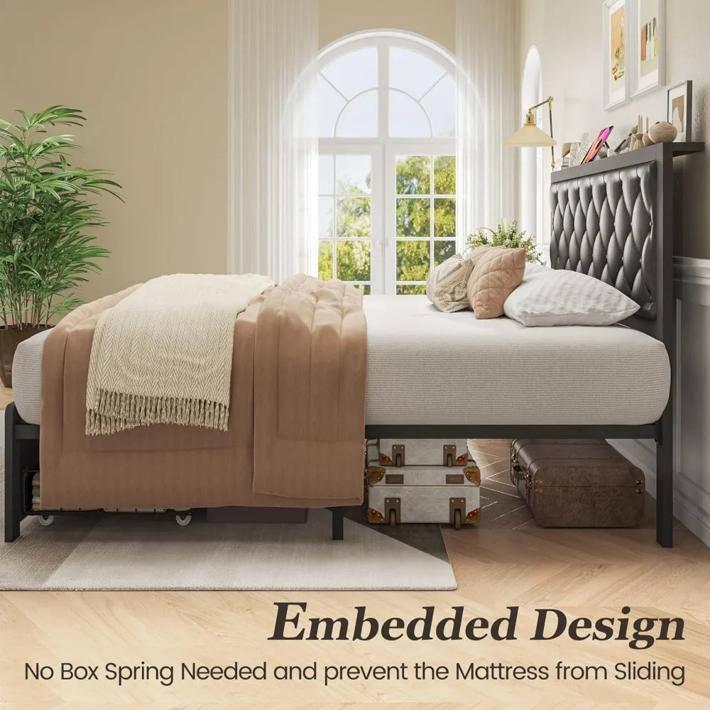 High-concerned Upholstered Bed Frame With 2 Storage Drawers And Charging Station