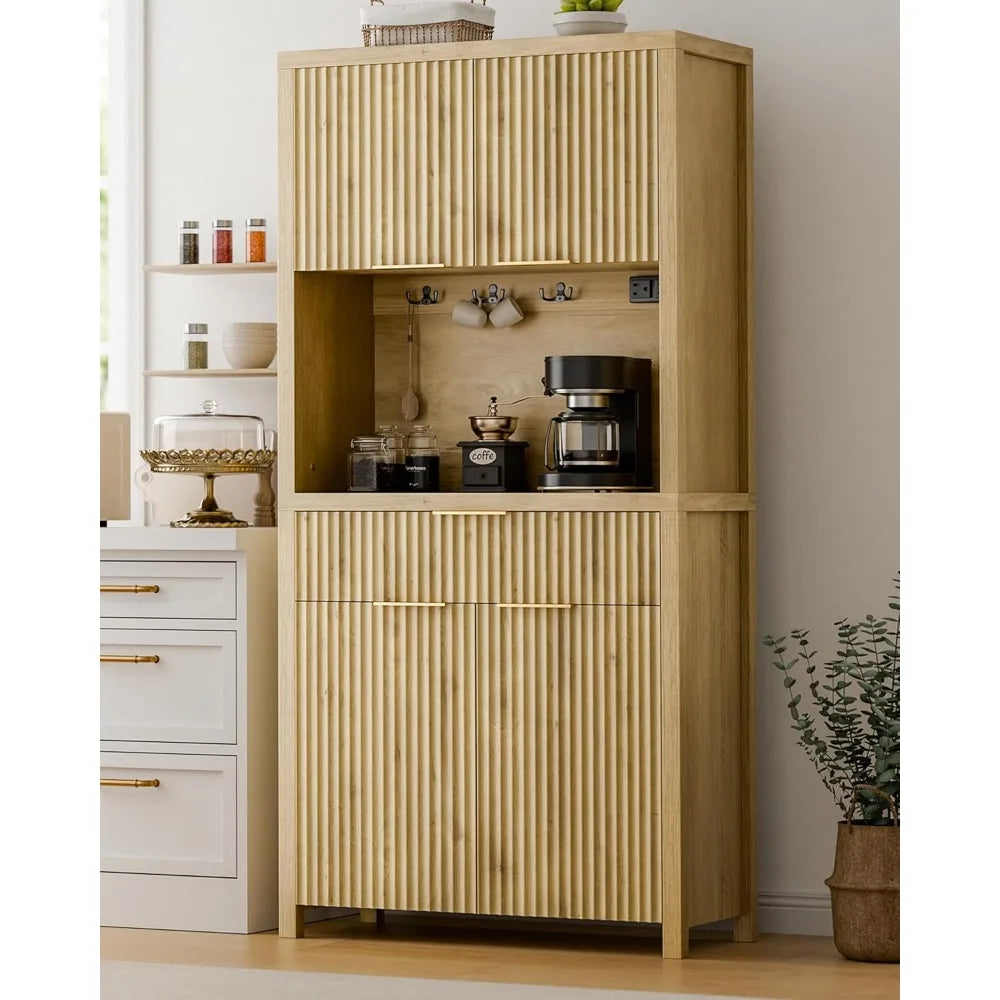 ZHUXIANG Fluted Pantry Cabinet With Charging Station And Adjustable Shelves