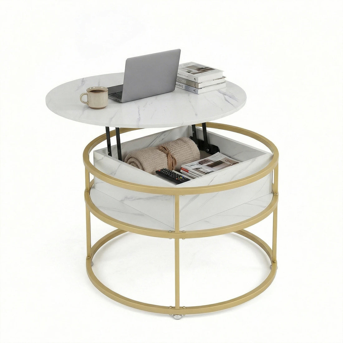 31. 5” Lift Top Coffee Table w/ Hidden Compartment &amp; Side Shelves for Living Room