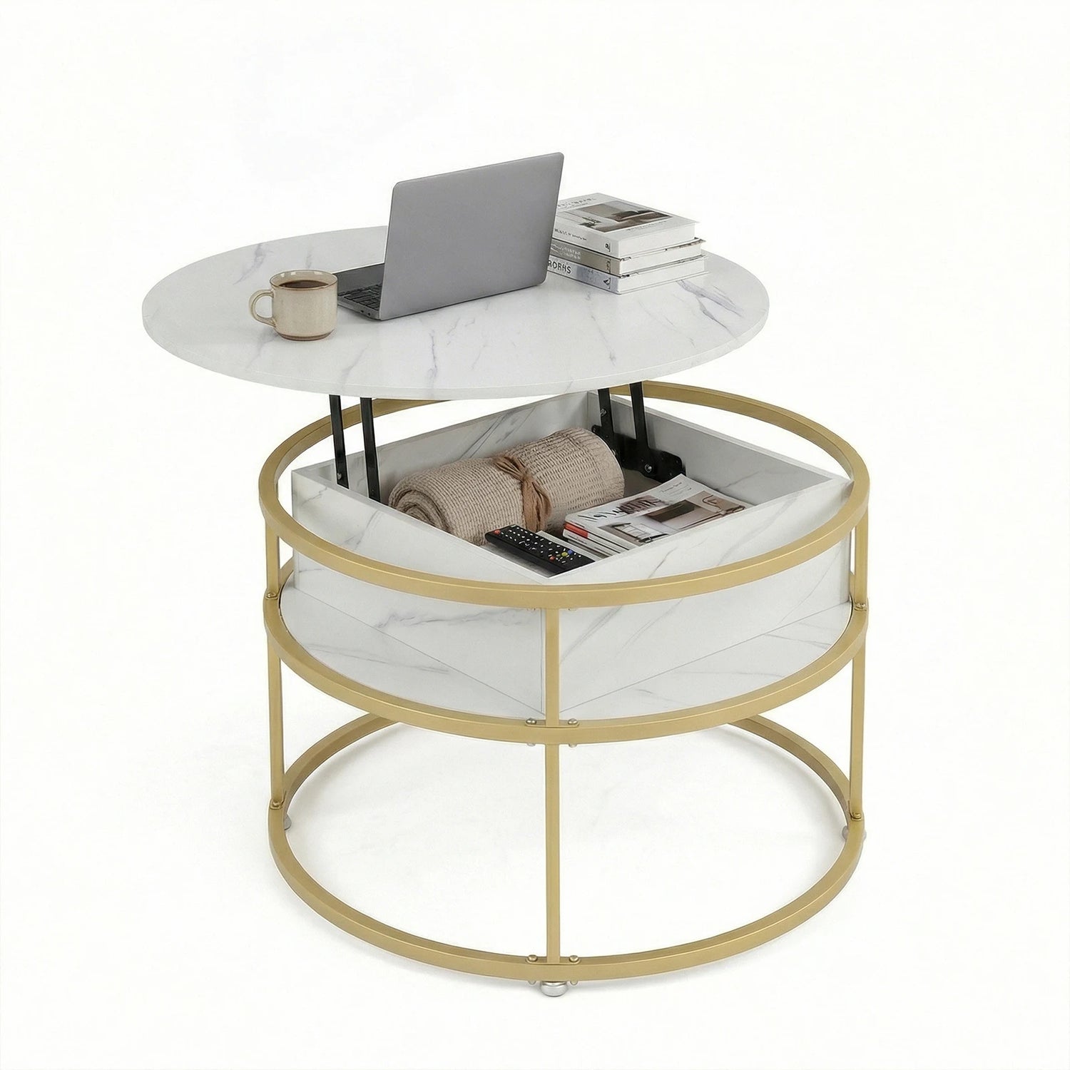 31. 5” Lift Top Coffee Table w/ Hidden Compartment &amp; Side Shelves for Living Room