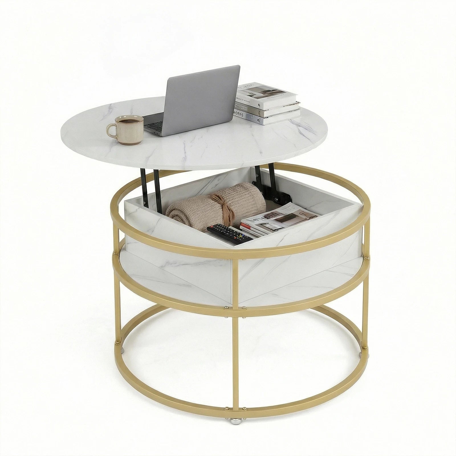 31. 5” Lift Top Coffee Table w/ Hidden Compartment &amp; Side Shelves for Living Room
