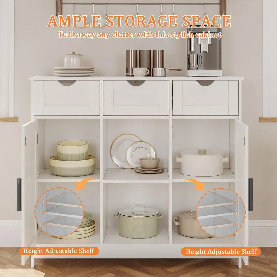 Cabinet, Coffee Bar Cabinet with 2 Adjustable Shelves, 3 Drawers, and 2 Doors, for Bathroom, Kitchen, Living Room White