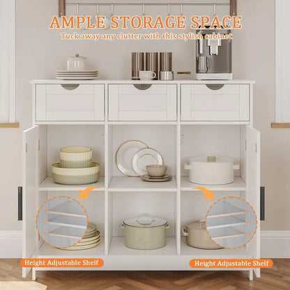 Cabinet, Coffee Bar Cabinet with 2 Adjustable Shelves, 3 Drawers, and 2 Doors, for Bathroom, Kitchen, Living Room White