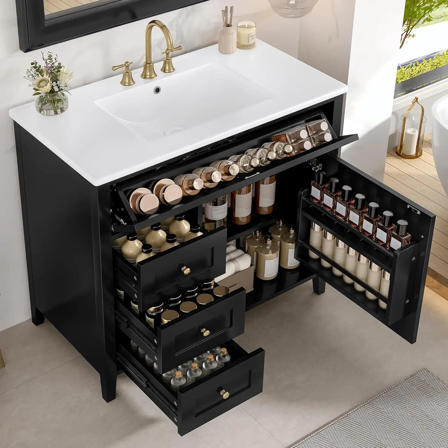 36" Free Standing Bathroom Vanity with Sink, Tip-Out Drawer &amp; 3 Drawers &amp; 2 Doors, Wood Cabinet with Ceramic Basin, Customized