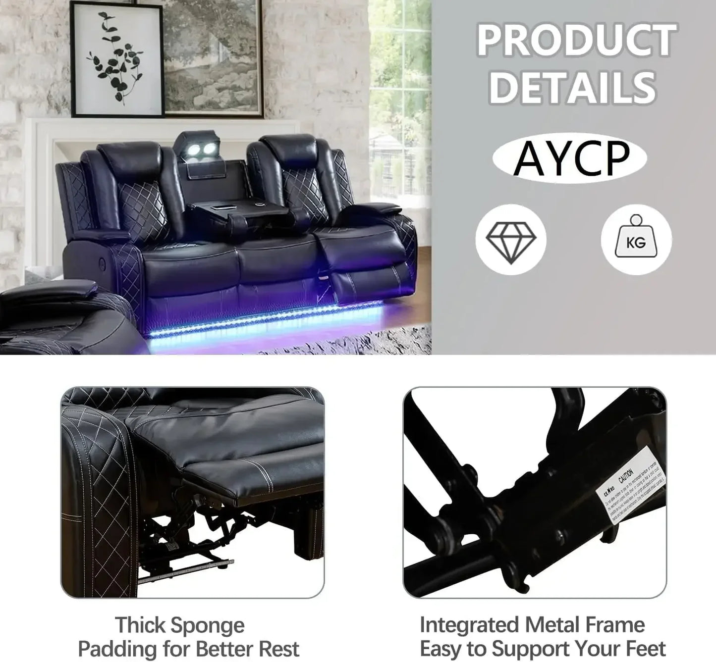 Multifunction Power Air Leather Recliner Sofa Set with LED Lights, Living Room Furniture, Reclining Sofa, loveseat, Chair with