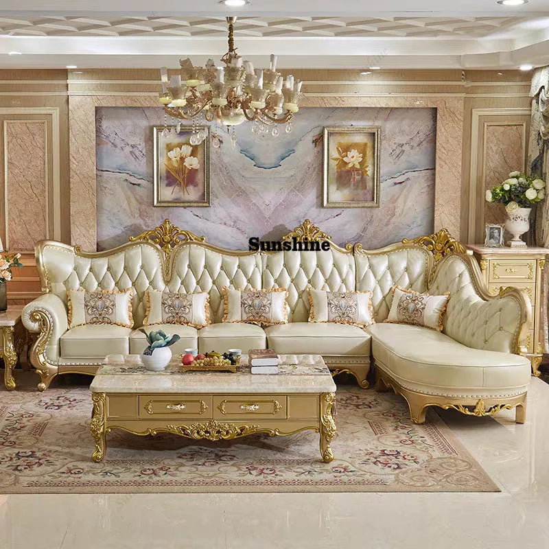 Luxury European Royal Wedding Living Room Sofa Set Solid Wood Genuine Leather L-Shaped Sofas Couch for Living Room