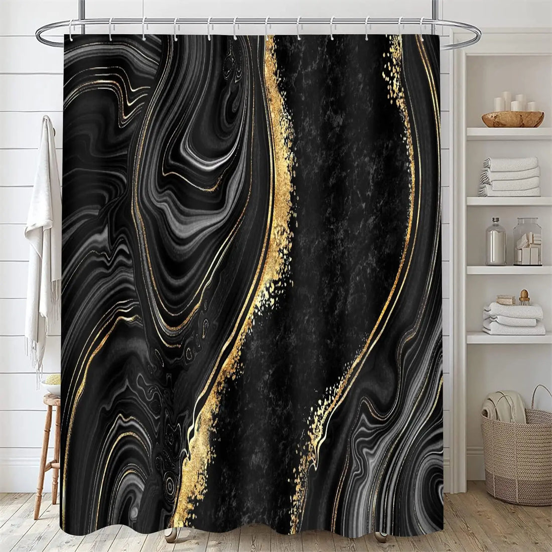 4-Piece Black Marble Shower Curtain Set with Gold Rugs, Modern Abstract Bathroom Decor Accessories Including Toilet Lid Cover