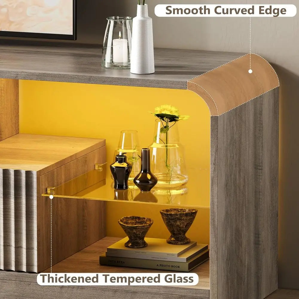 TV Stand or 60/65/70 Inch TVs, ern Curved TV ole with LED Lights, 2 Ders &amp; Glass Shelves, Living Room Entertainment Center