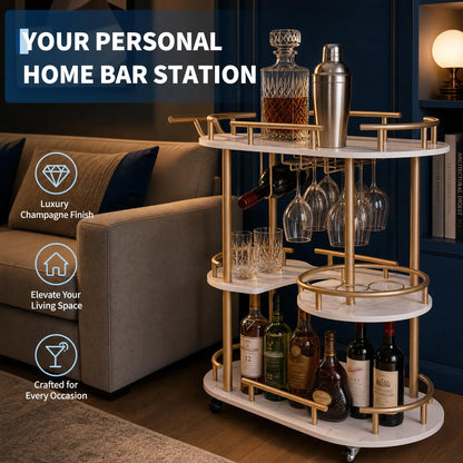 3 Tier Rolling Bar Cart With Wine Rack &amp; Glass Holder, Metal Kitchen Coffee Cart On Wheels, Mobile Serving Cart For Dining Room