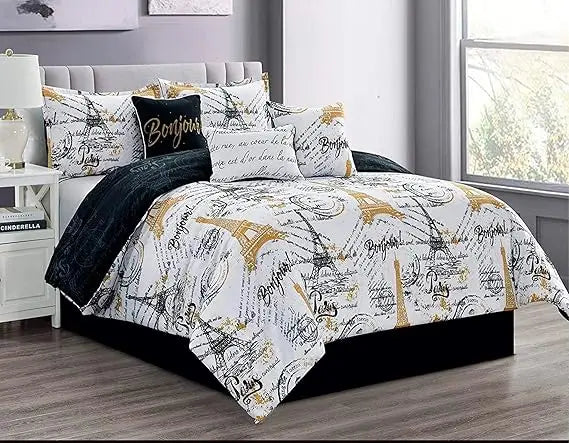Queen Size Paris Comforter Set in a Bag - 7 Piece Paris Bedroom Comforter Set with Shams, Bedskirt Cushions, Eiffel Tower Beddi