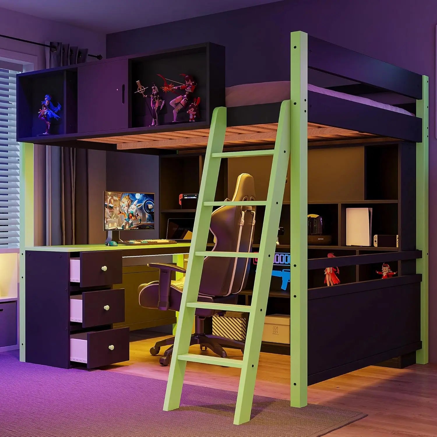 Full Wood Gaming Loft Bed Desk Storage Shelves LED Charging Station Kids Bedroom No Box Spring, Customized