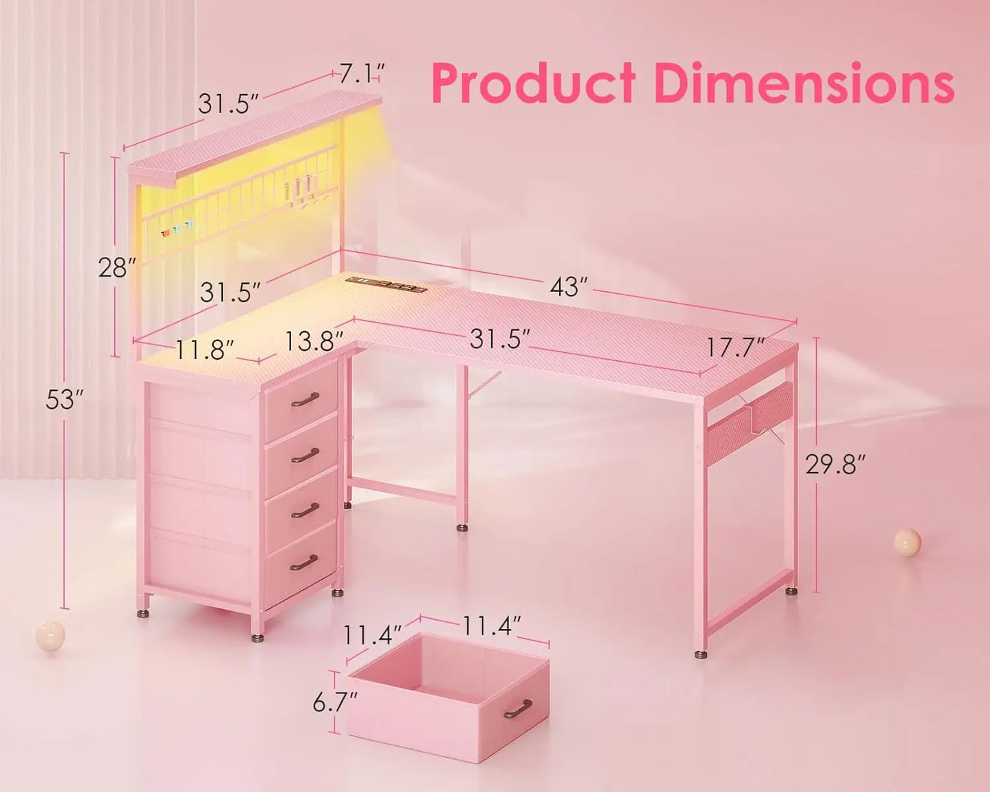 L Shaped Gaming Desk With LED Light Power Outlet Shelves