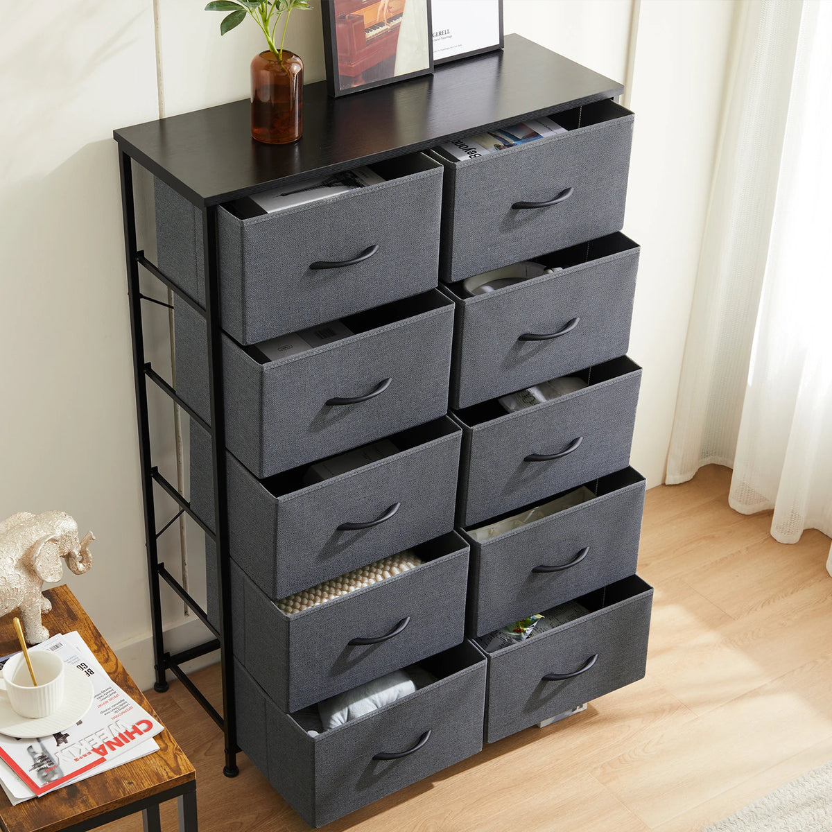 JHK 10 Drawer Fabric Nightstand Storage Cabinet With Steel Frame