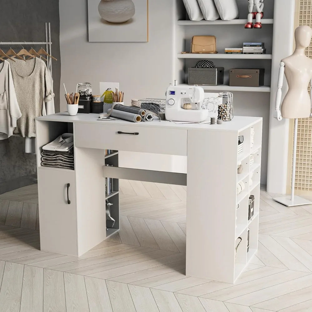 36" Adjustable Sewing Craft Table with 14 Compartments, Drawer &amp; Cabinet, White Workstation