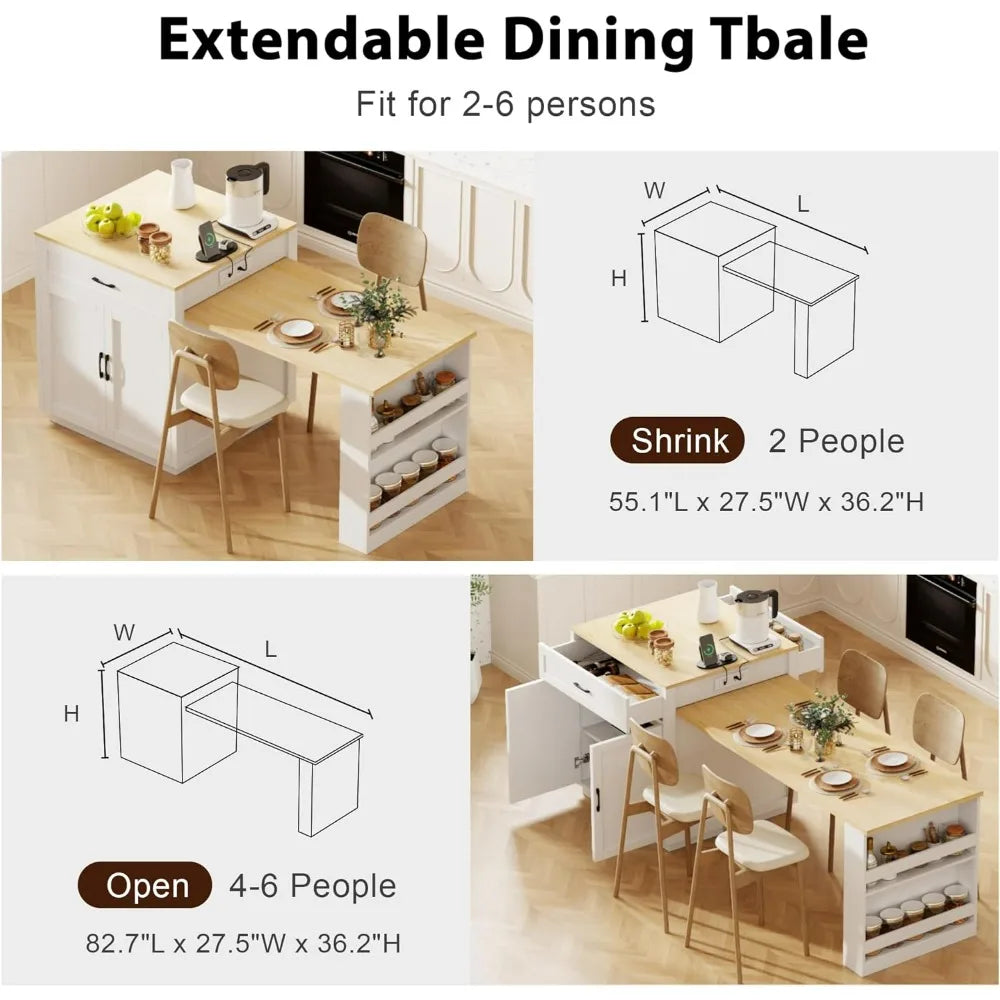 YQXH Kitchen Island With Extendable Dining Table Storage Power Outlet