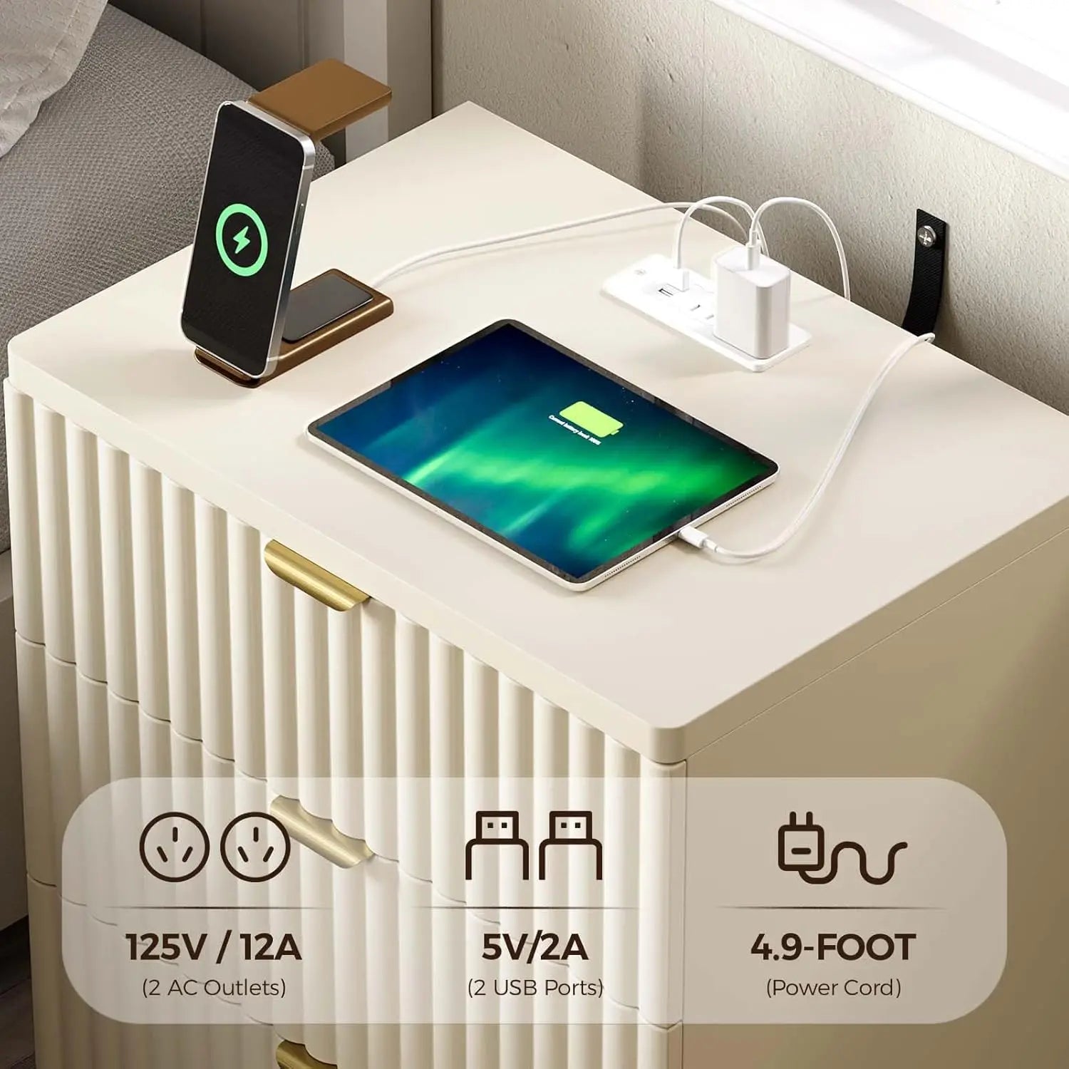 3 Drawer Charging Bedside Table Large Fluted Modern Bedroom End Table Set Of 2, Customized