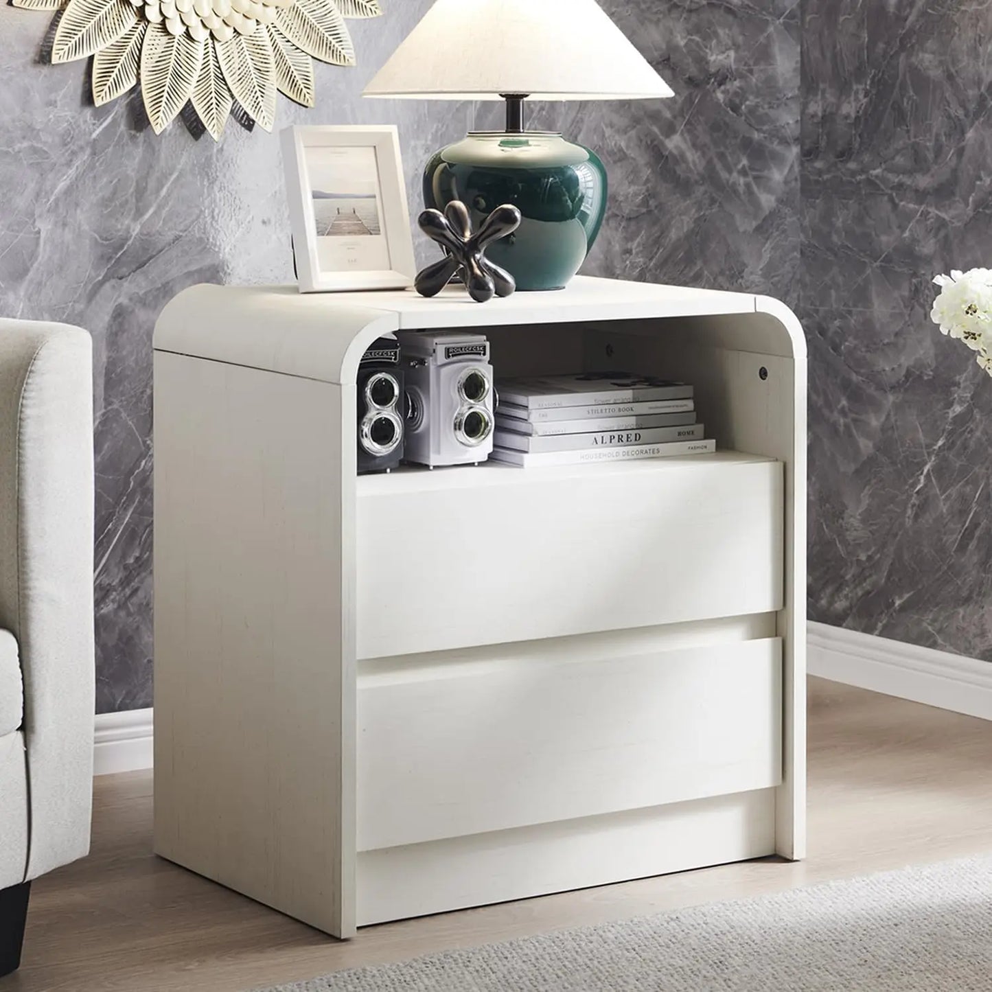 GYROOR Modern Nightstand With Charging Station And Storage Drawers