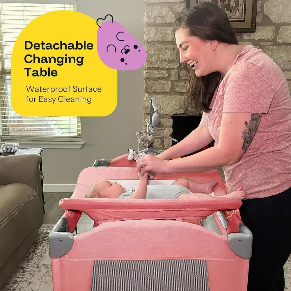 Portable 6-in-1 Baby Playard with Crib, Bassinet, Mattress, and Changing Table (Pink)Time-limited
