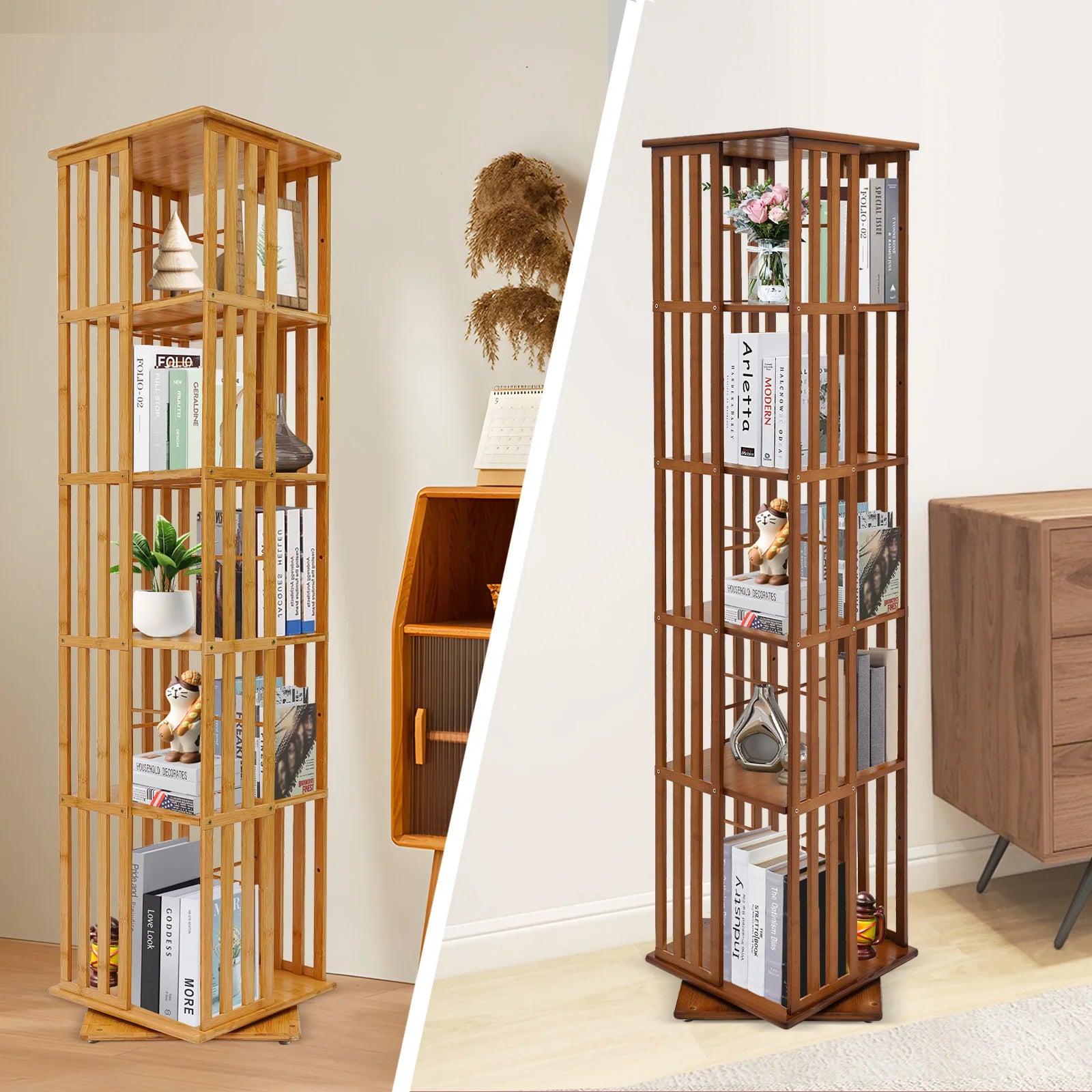 5-Tier Bamboo Rotating Bookcase,Tan/Wood Color Rectangular Rotating Bookshelf Floor-Mounted 37*37*150cm for Study Rooms,Bedrooms