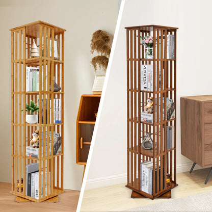 5-Tier Bamboo Rotating Bookcase,Tan/Wood Color Rectangular Rotating Bookshelf Floor-Mounted 37*37*150cm for Study Rooms,Bedrooms