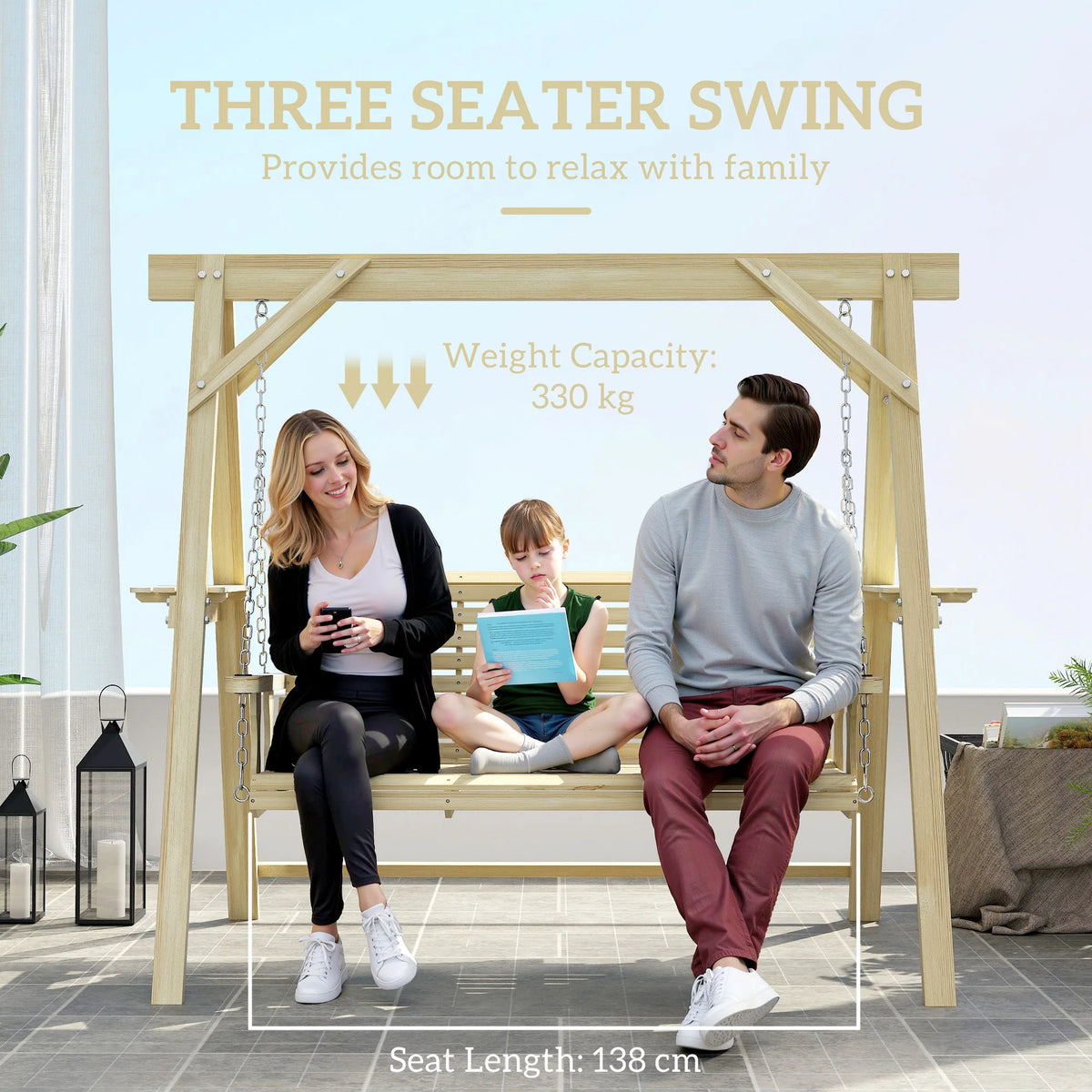 Outsunny 3-Seater Patio Swing with Stand and Side Table, Natural Wood
