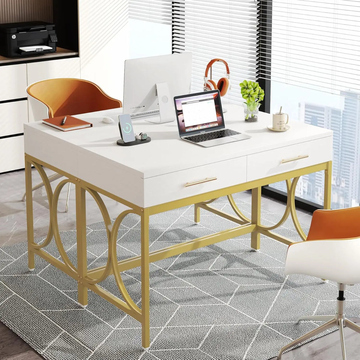Modern Computer Desk with 2 Drawers Set of 2, 41 Inches Study Writing Office Desk for Home Office, Bedroom, Makeup, Customized