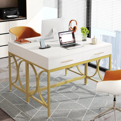Modern Computer Desk with 2 Drawers Set of 2, 41 Inches Study Writing Office Desk for Home Office, Bedroom, Makeup, Customized