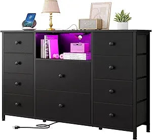 LDTTCUK Dresser with Charging Station and LED Lights, Long Dresser for Bedroom Dresser TV Stand with 10 Drawers, Fabric Chest of