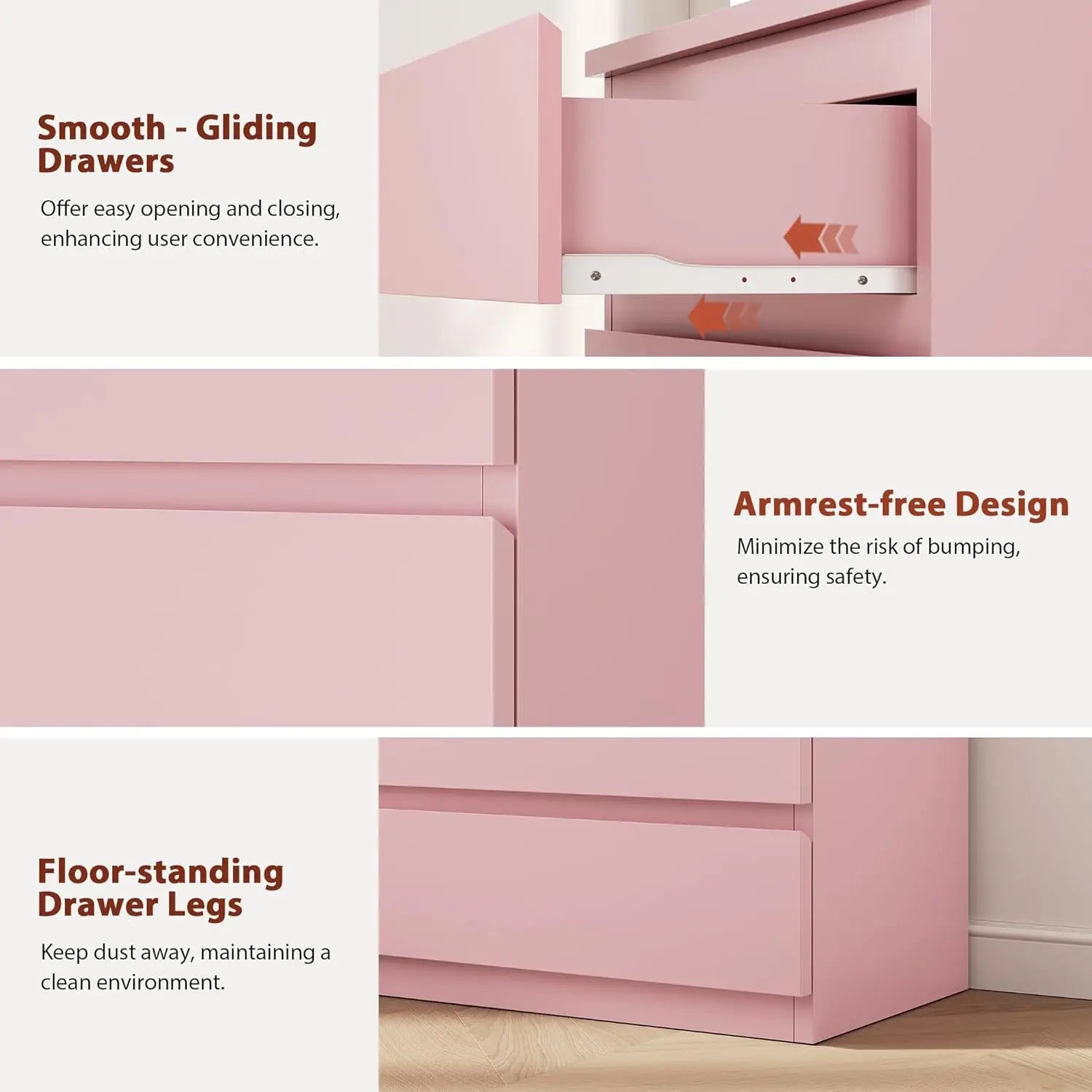 Pink 5 Drawer Dresser for Bedroom, 15" D x 23.7" W x 40.4" H in Modern Chest of Drawers, Wood Storage Dresser with Handleless