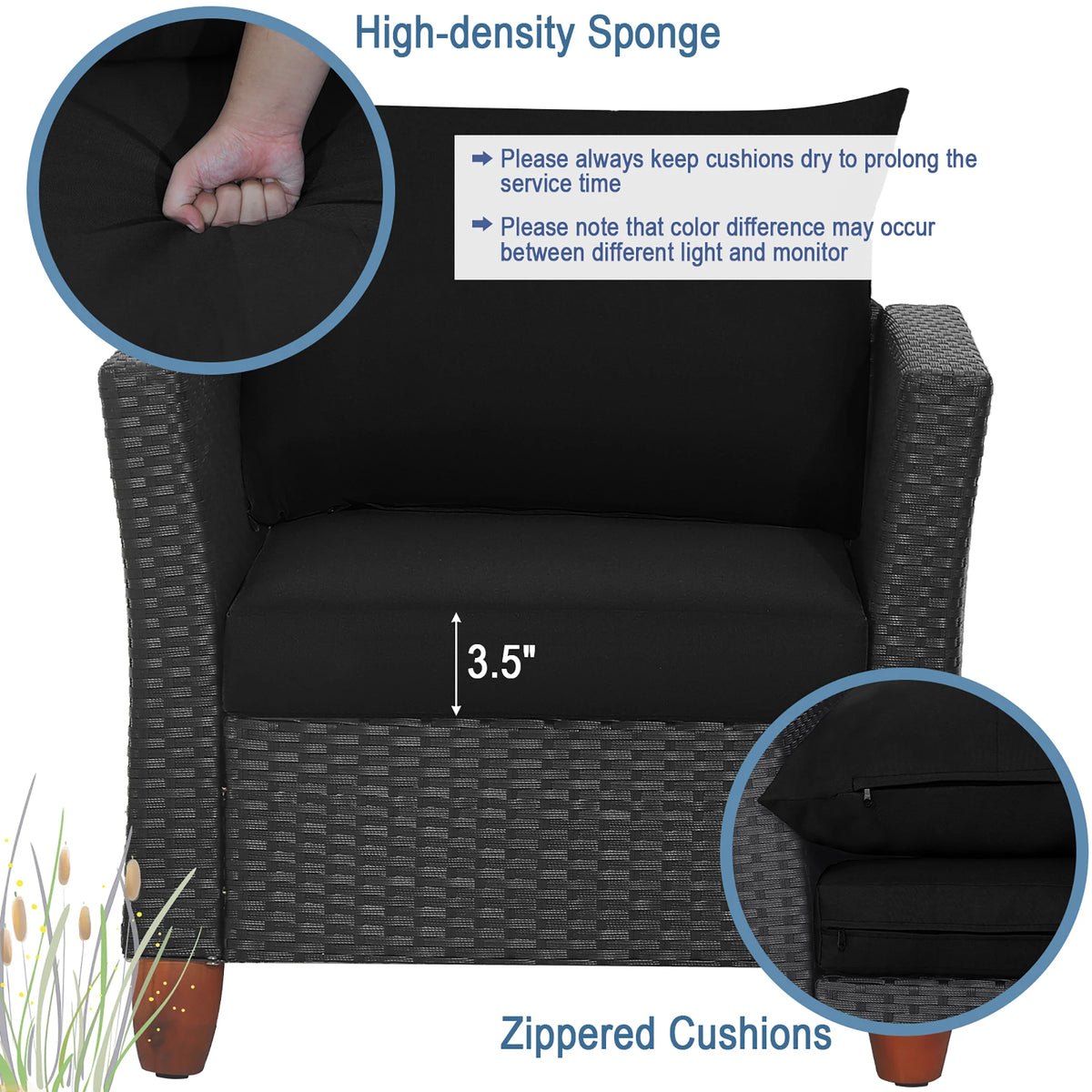 HOMASIS Rattan Conversation Set with Cushioned Sofa and Storage Table