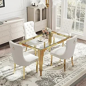5 Piece Glass Dining Table Set for 4, 53" Rectangle Kitchen Table with 4 Gray Velvet Upholstered Chairs, Tempered Glass Tabletop