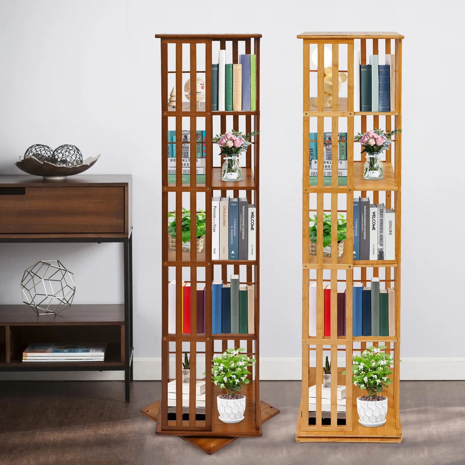 5-Tier Bamboo Rotating Bookcase,Tan/Wood Color Rectangular Rotating Bookshelf Floor-Mounted 37*37*150cm for Study Rooms,Bedrooms