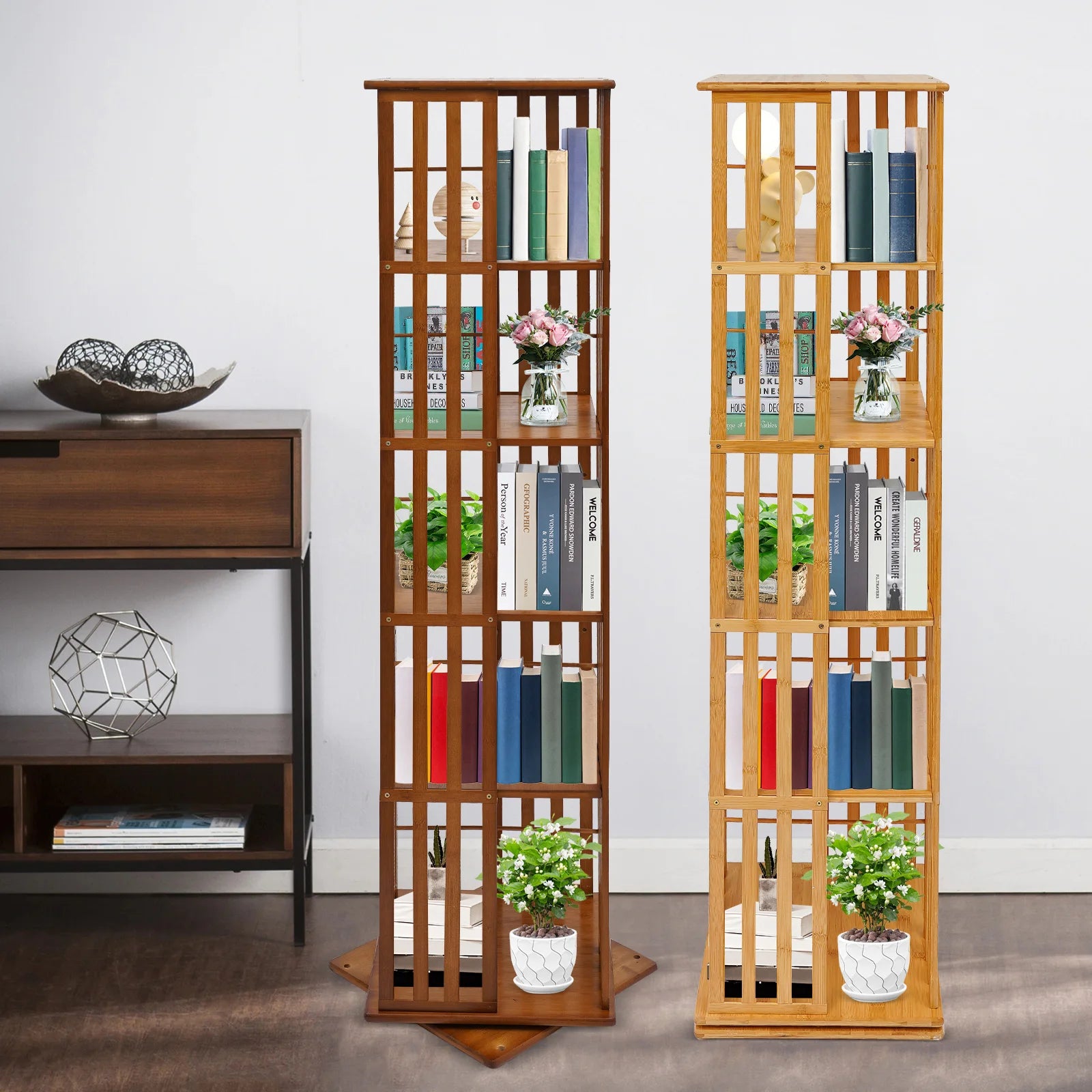 5-Tier Bamboo Rotating Bookcase,Tan/Wood Color Rectangular Rotating Bookshelf Floor-Mounted 37*37*150cm for Study Rooms,Bedrooms