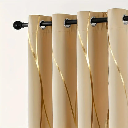 2Pcs Golden Wave &amp;Circle Blackout Curtains Thermal Insulated Light Filtering Drapes with Grommet Top  Living Room Bedroom