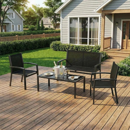 Modern 4 Piece Metal Patio Furniture Set Breathable Mesh Outdoor Loveseat &amp; Chairs With Table For Deck Apartment Porch Backyard
