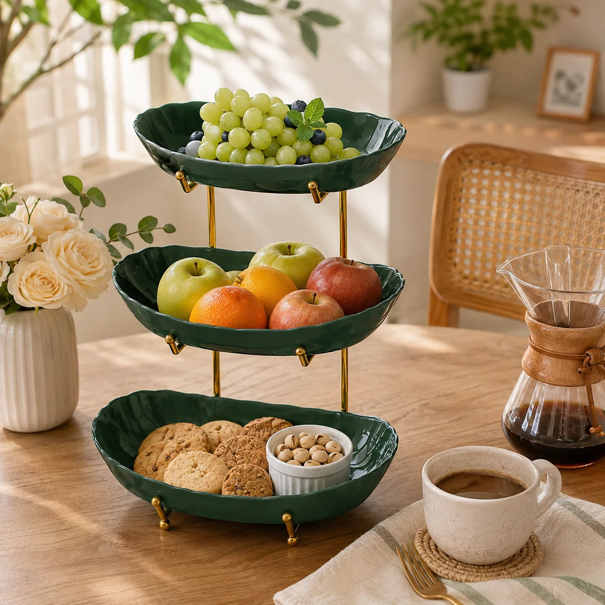 2/3-Tier Plastic Fruit Bowl Stand with Metal Frame, Large Capacity Countertop Fruit Basket for Fruits, Vegetables, Bread, Snacks &amp; Desserts, Kitchen Counter Organizer