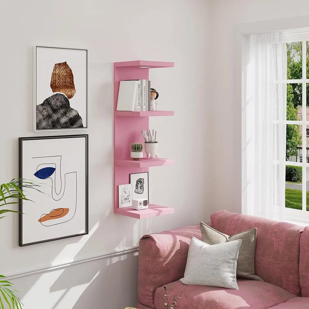 Versatile 4 Tier Wall Shelf Unit,Pink Lack Wall Shelf,Display Floating Shelf with LED Remote Control Light