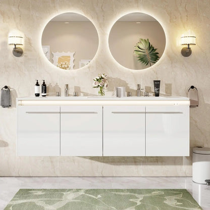 60" LED Floating Bathroom Double Vanity with Sink, Modern High Gloss Wall Mounted Bathroom Storage Cabinet with 3 Hole Sink
