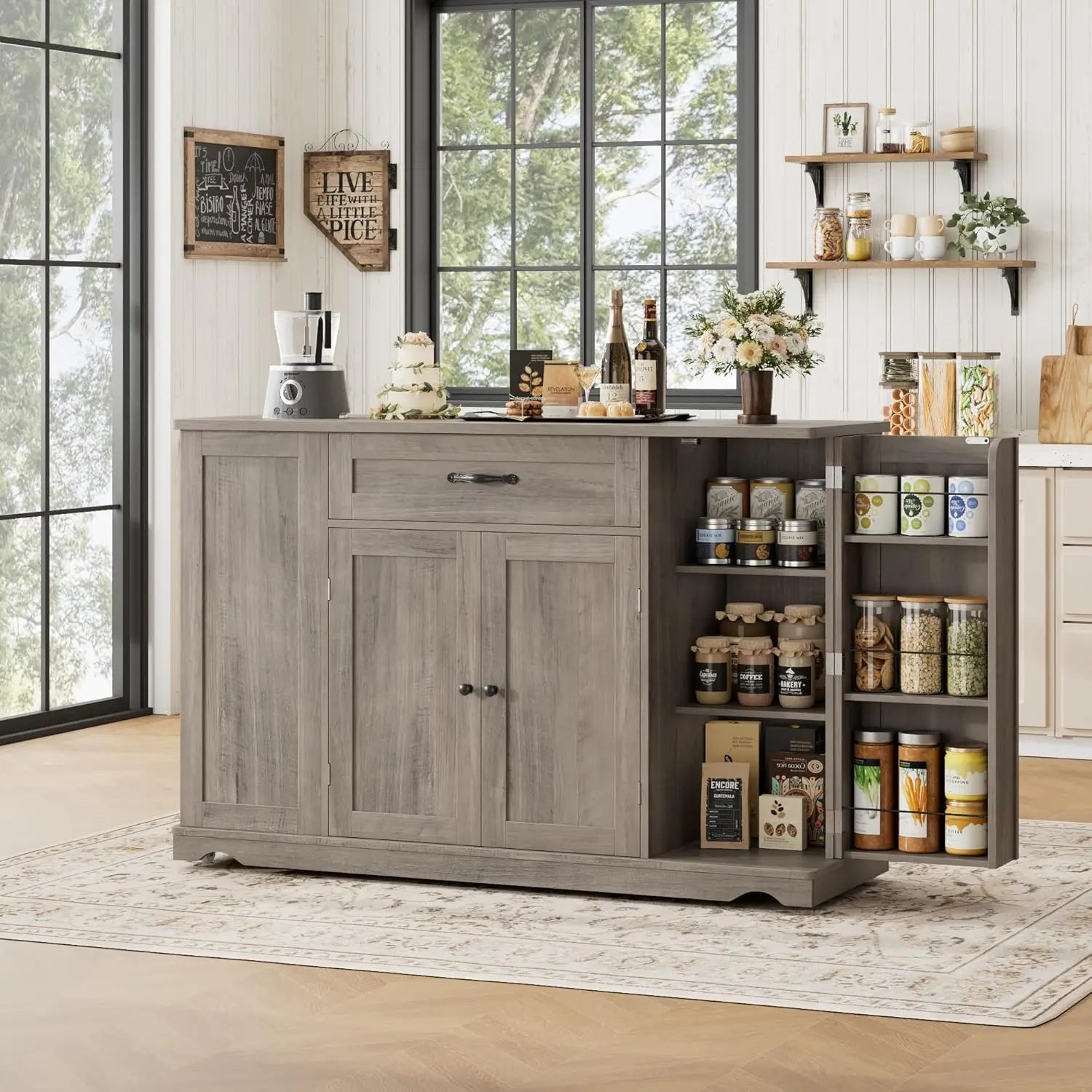 47" Rolling Kitchen Island Cart with Storage Drawers Adjustable Shelves Buffet Sideboard Dining Room Custom