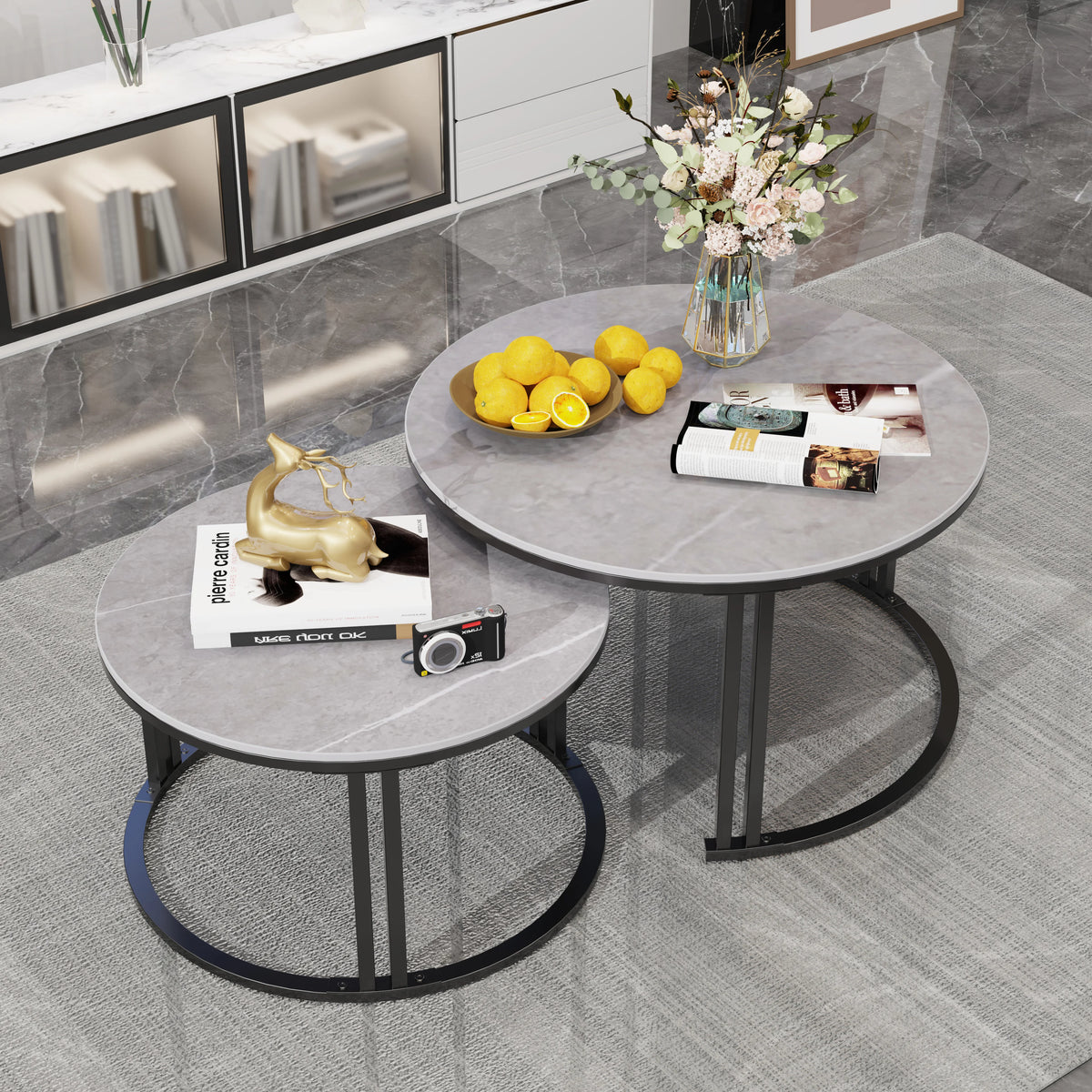 Modern Nesting Coffee Tables Set of Two with Metal Frames