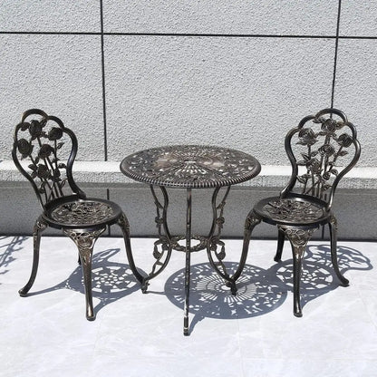 4-Piece Balcony Tables and Chairs, 1 Table, 2 Round Chairs and 1 Bench, Metal Cast, Bistro Suit, Garden Bench, Rose