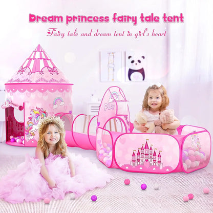 Pink Princess Play Tent Set with Ball Pit and Tunnel for Girls Indoor Outdoor Birthday Gift