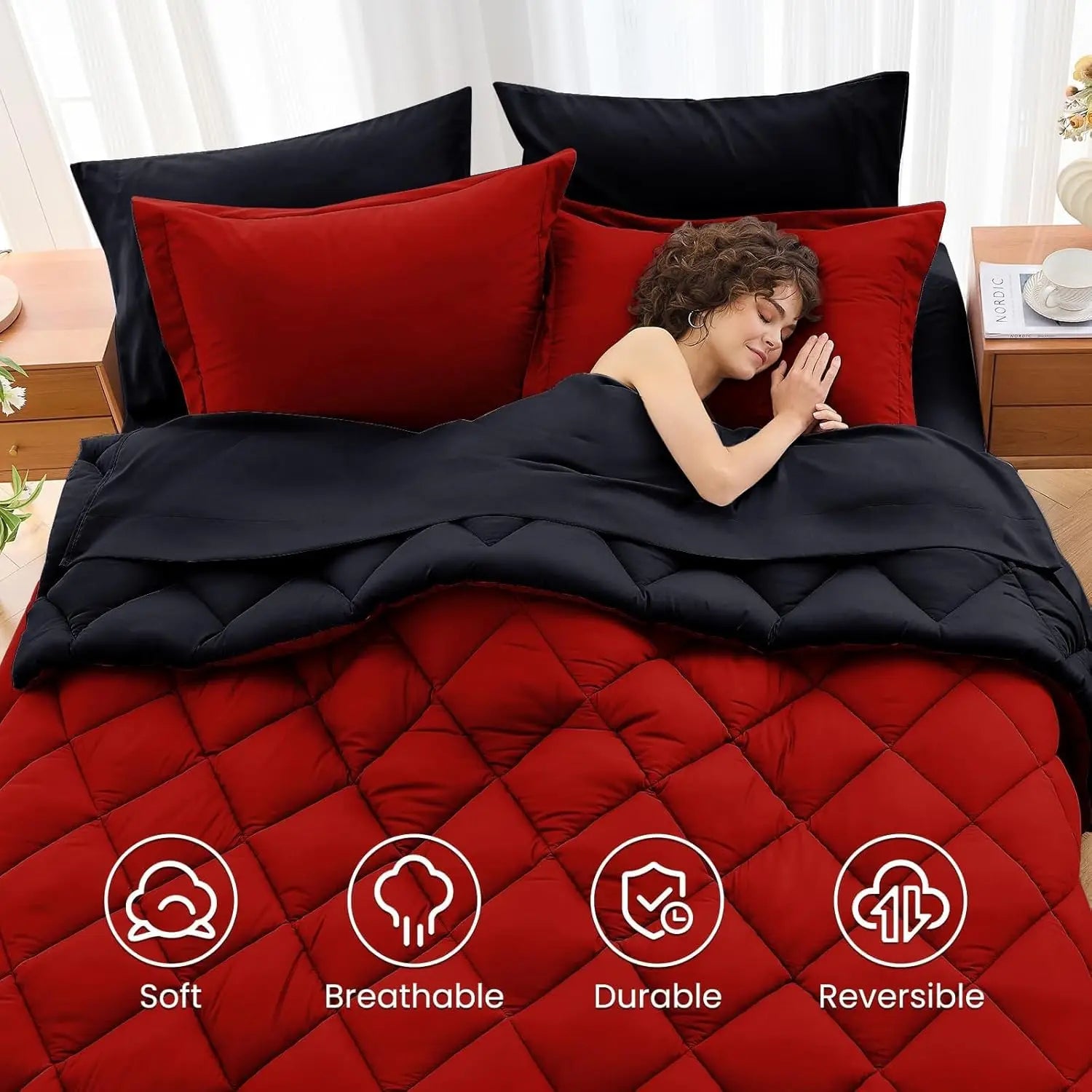 Queen Size Reversible Comforter Set, 7-Piece All Season Bedding with Sheets &amp; Pillowcases in Red &amp; Black