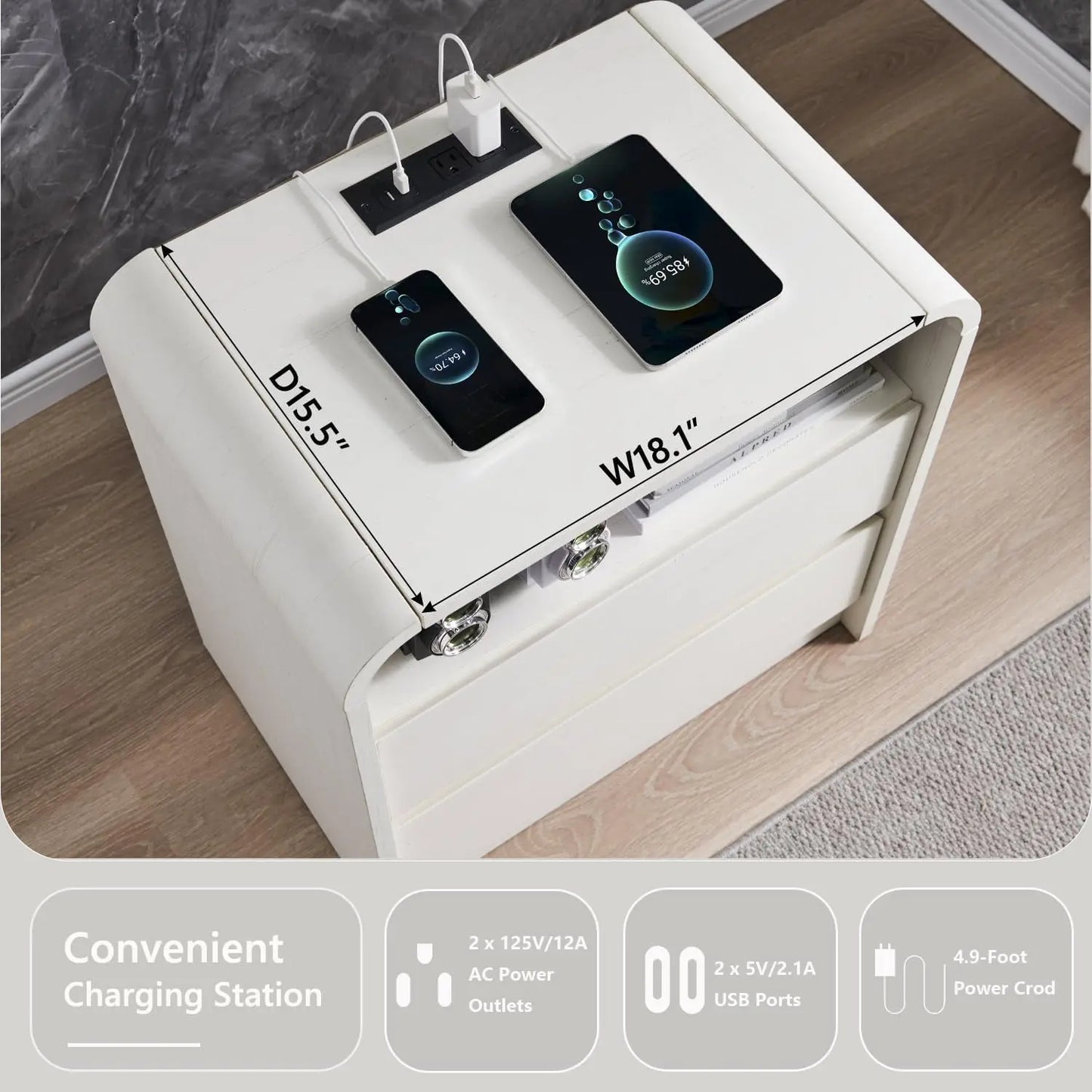 GYROOR Modern Nightstand With Charging Station And Storage Drawers