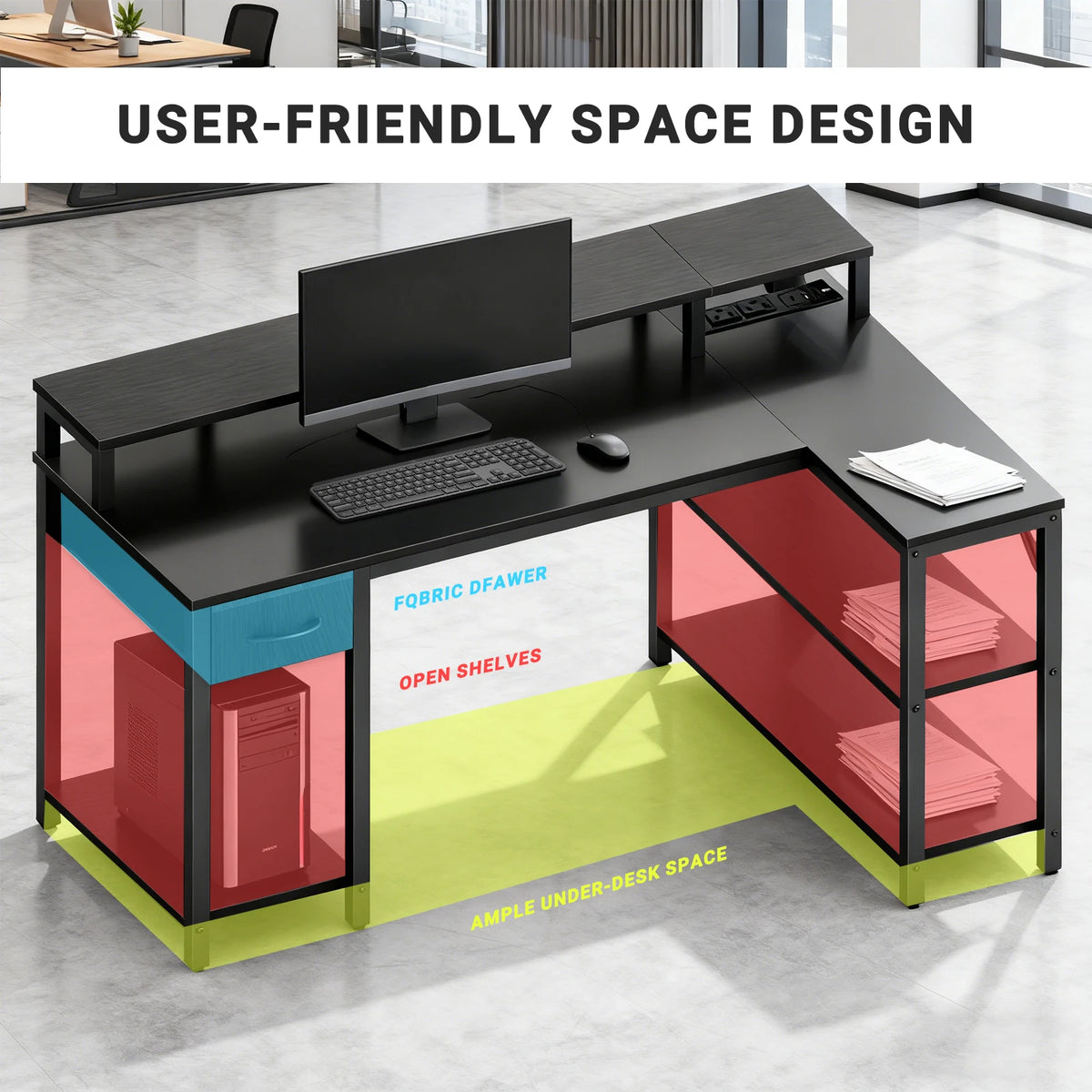 JHK L-Shaped Gaming Desk With USB And LED Lighting