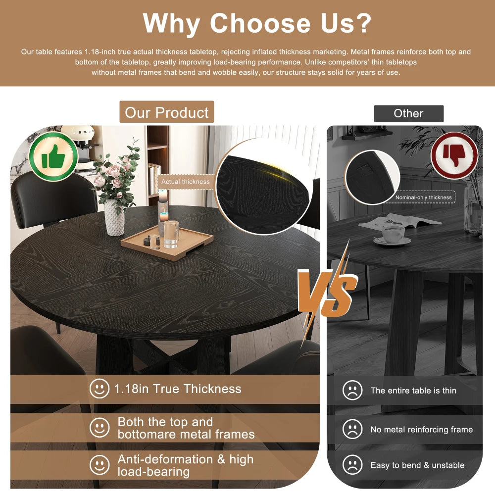 5 Piece Round Dining Table Set for 4, 47 Inch Farmhouse Kitchen Table with 4 Chairs, Black Wood Grain Finish, PU Leather Seats, Easy Assembly