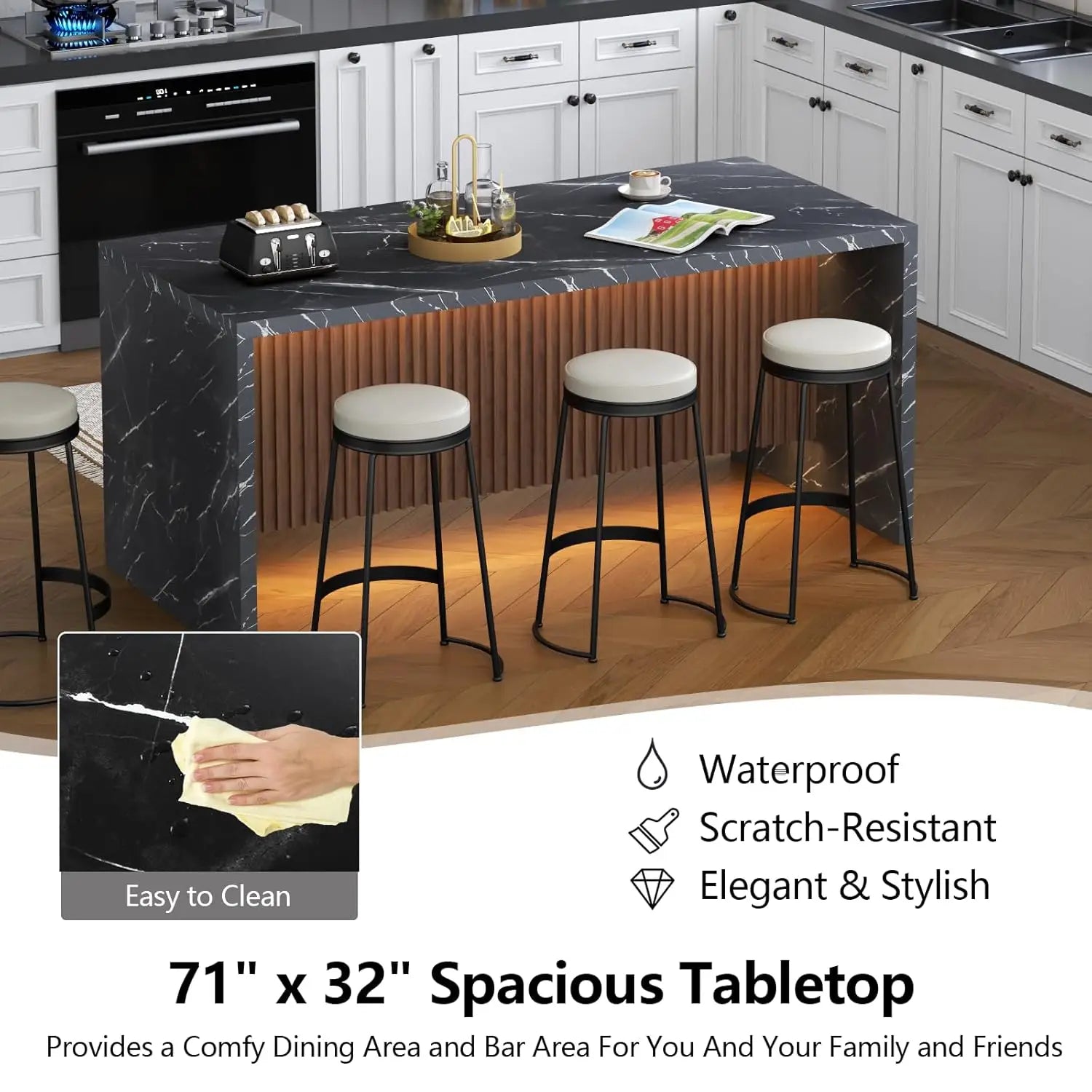 71" Large Imitation Marble Dining Table for 4-6 People, Island Table with LED Lights, Marble Stripes Kitchen Dining Tabl